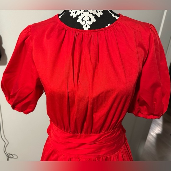Free Assembly Red Cotton Bow Wrap Around Tie Midi Dress with Puff Sleeves - Picture 7 of 14